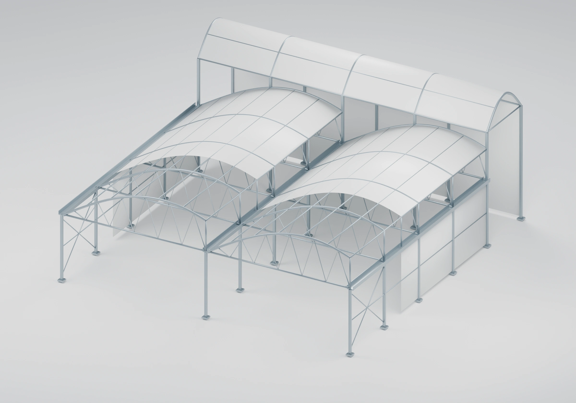 Sawtooth greenhouse with covered roadway