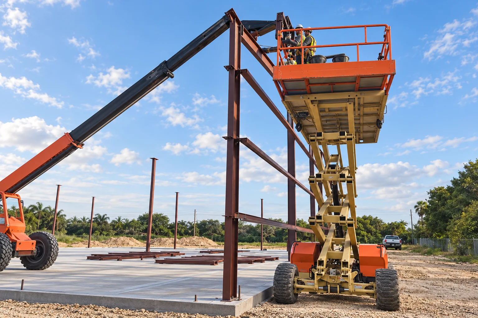 Metal building frame being assembled based on site photograph