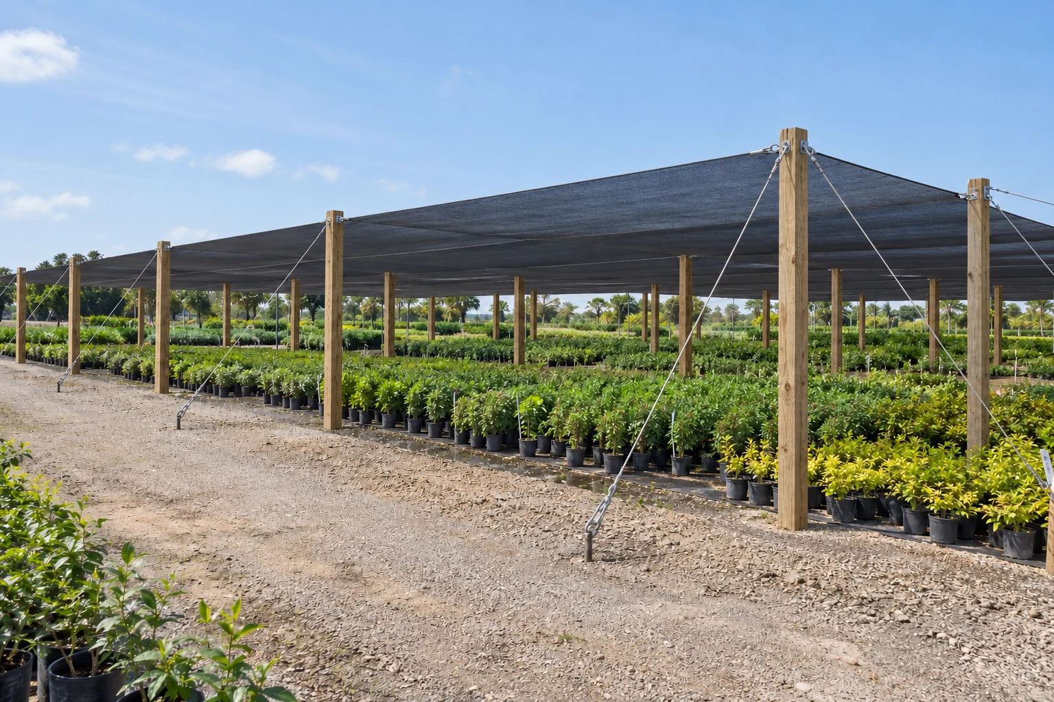 Open shade house with posts, cables and shade cloth